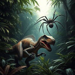 A sizable velociraptor crouches in a dense, vibrant jungle, showcasing its muscular form and razor-sharp claws poised to strike