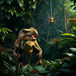 A sizable velociraptor crouches in a dense, vibrant jungle, showcasing its muscular form and razor-sharp claws poised to strike