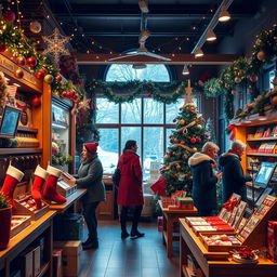 A cozy and inviting shop interior decorated for Christmas, featuring a festive atmosphere with colorful ornaments, twinkling fairy lights draped along the shelves, a beautifully adorned Christmas tree in the corner, stockings hanging near the checkout counter, and wooden tables displays filled with holiday-themed merchandise