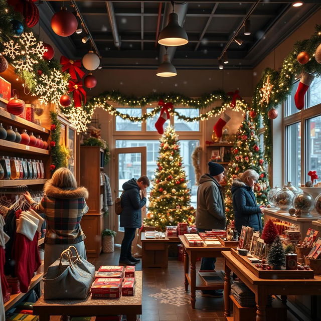 A cozy and inviting shop interior decorated for Christmas, featuring a festive atmosphere with colorful ornaments, twinkling fairy lights draped along the shelves, a beautifully adorned Christmas tree in the corner, stockings hanging near the checkout counter, and wooden tables displays filled with holiday-themed merchandise