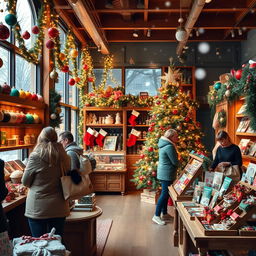A cozy and inviting shop interior decorated for Christmas, featuring a festive atmosphere with colorful ornaments, twinkling fairy lights draped along the shelves, a beautifully adorned Christmas tree in the corner, stockings hanging near the checkout counter, and wooden tables displays filled with holiday-themed merchandise