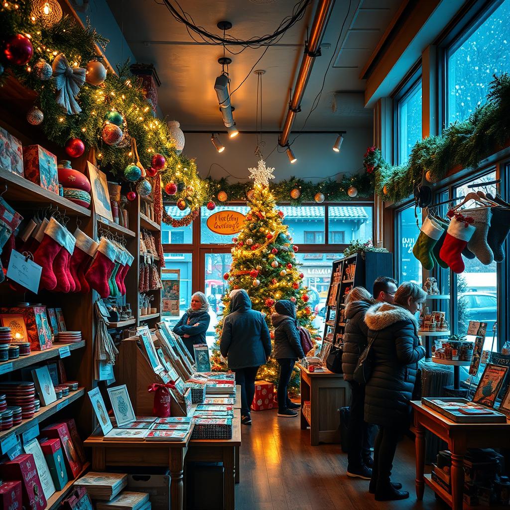 A cozy and inviting shop interior decorated for Christmas, featuring a festive atmosphere with colorful ornaments, twinkling fairy lights draped along the shelves, a beautifully adorned Christmas tree in the corner, stockings hanging near the checkout counter, and wooden tables displays filled with holiday-themed merchandise