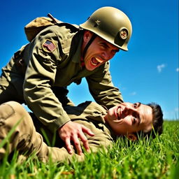 An angry soldier grabbing a person on the ground, set against a beautiful green grass background and a bright blue sky