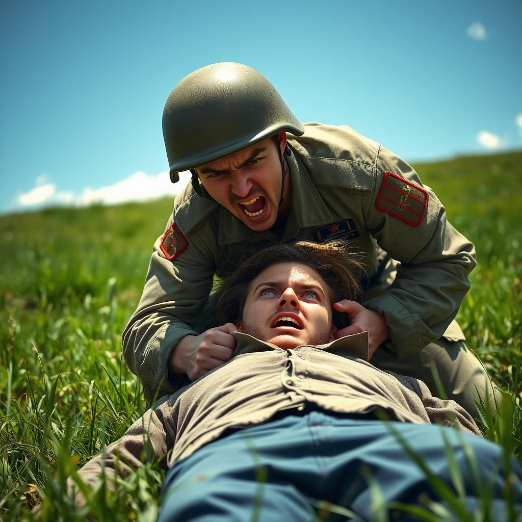 An angry soldier grabbing a person on the ground, set against a beautiful green grass background and a bright blue sky