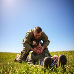 An angry soldier grabbing a person on the ground, set against a beautiful green grass background and a bright blue sky