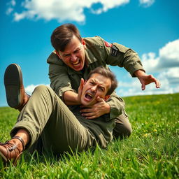 An angry soldier grabbing a person on the ground, set against a beautiful green grass background and a bright blue sky