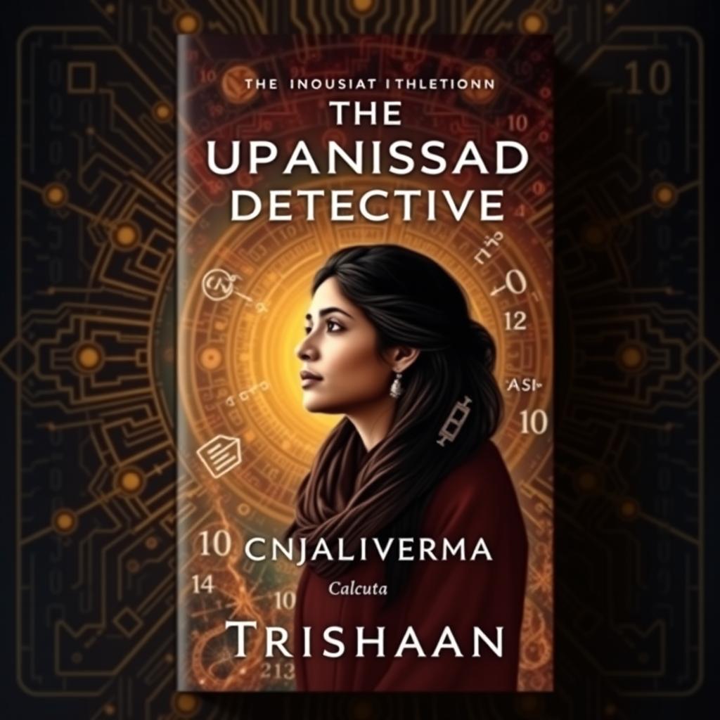 A captivating book cover for the title "The Upanishad Detective" featuring a rich background that combines elements of quantum computing, such as circuit patterns and binary code, with ancient Vedic symbols that evoke spirituality and wisdom