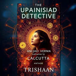 A captivating book cover for the title "The Upanishad Detective" featuring a rich background that combines elements of quantum computing, such as circuit patterns and binary code, with ancient Vedic symbols that evoke spirituality and wisdom