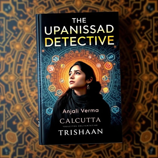 A captivating book cover for the title "The Upanishad Detective" featuring a rich background that combines elements of quantum computing, such as circuit patterns and binary code, with ancient Vedic symbols that evoke spirituality and wisdom