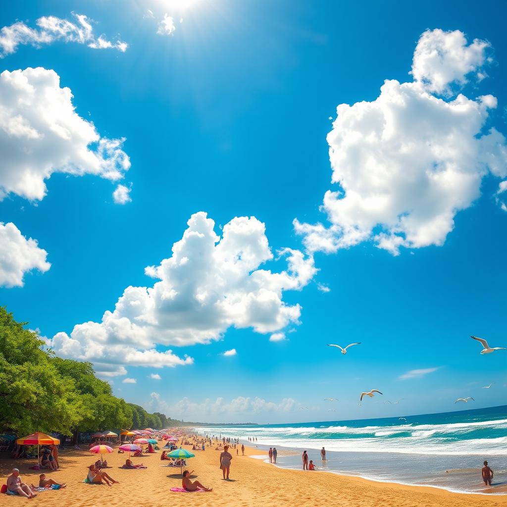 A bright sunny day with a clear blue sky, fluffy white clouds scattered throughout, and vibrant green trees swaying gently in the warm breeze