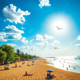 A bright sunny day with a clear blue sky, fluffy white clouds scattered throughout, and vibrant green trees swaying gently in the warm breeze