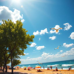 A bright sunny day with a clear blue sky, fluffy white clouds scattered throughout, and vibrant green trees swaying gently in the warm breeze
