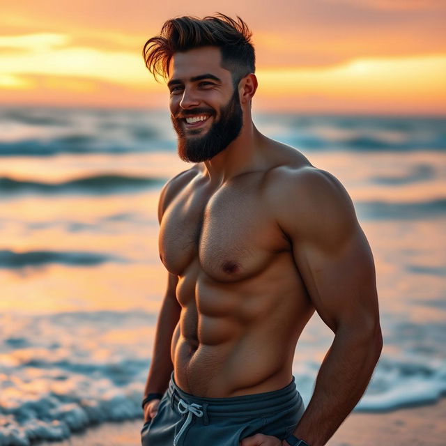 A muscular man standing confidently on a beach during sunset, showcasing his toned physique