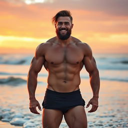 A muscular man standing confidently on a beach during sunset, showcasing his toned physique