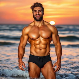 A muscular man standing confidently on a beach during sunset, showcasing his toned physique