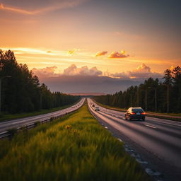 A cinematic view of a highway, capturing the essence of a long stretch of asphalt lined with tall trees and distant mountains