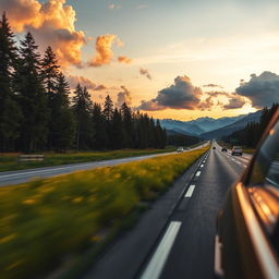 A cinematic view of a highway, capturing the essence of a long stretch of asphalt lined with tall trees and distant mountains