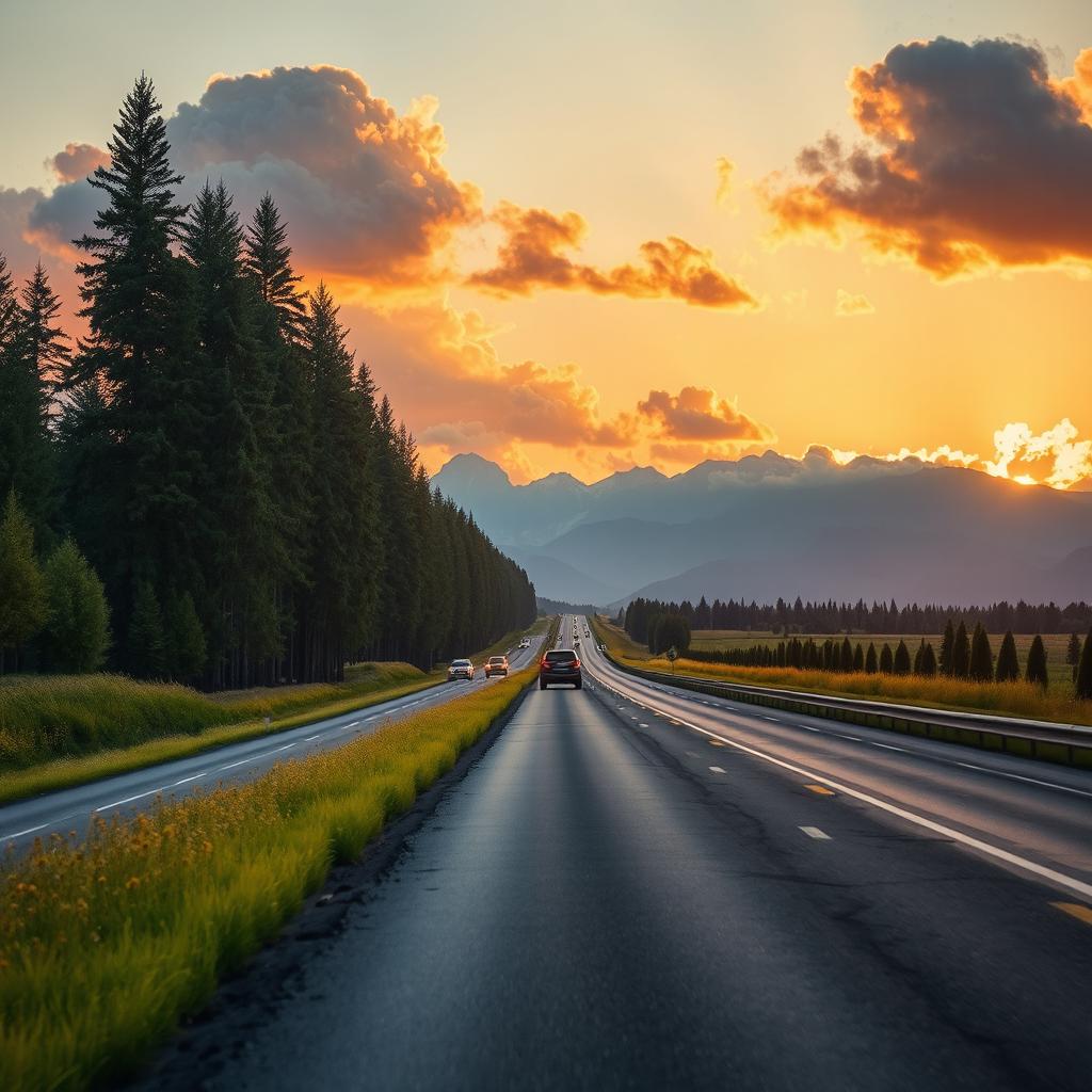 A cinematic view of a highway, capturing the essence of a long stretch of asphalt lined with tall trees and distant mountains