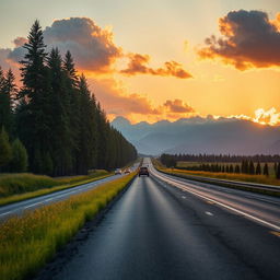 A cinematic view of a highway, capturing the essence of a long stretch of asphalt lined with tall trees and distant mountains