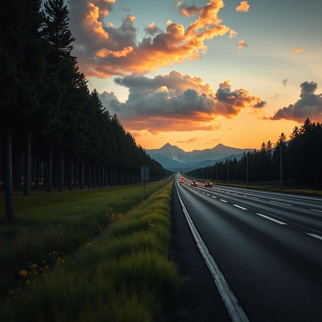 A cinematic view of a highway, capturing the essence of a long stretch of asphalt lined with tall trees and distant mountains