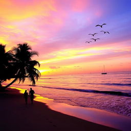 A vibrant sunset scene over a tranquil beach with gentle waves lapping at the shore