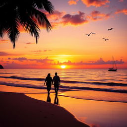 A vibrant sunset scene over a tranquil beach with gentle waves lapping at the shore