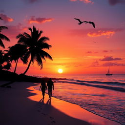 A vibrant sunset scene over a tranquil beach with gentle waves lapping at the shore