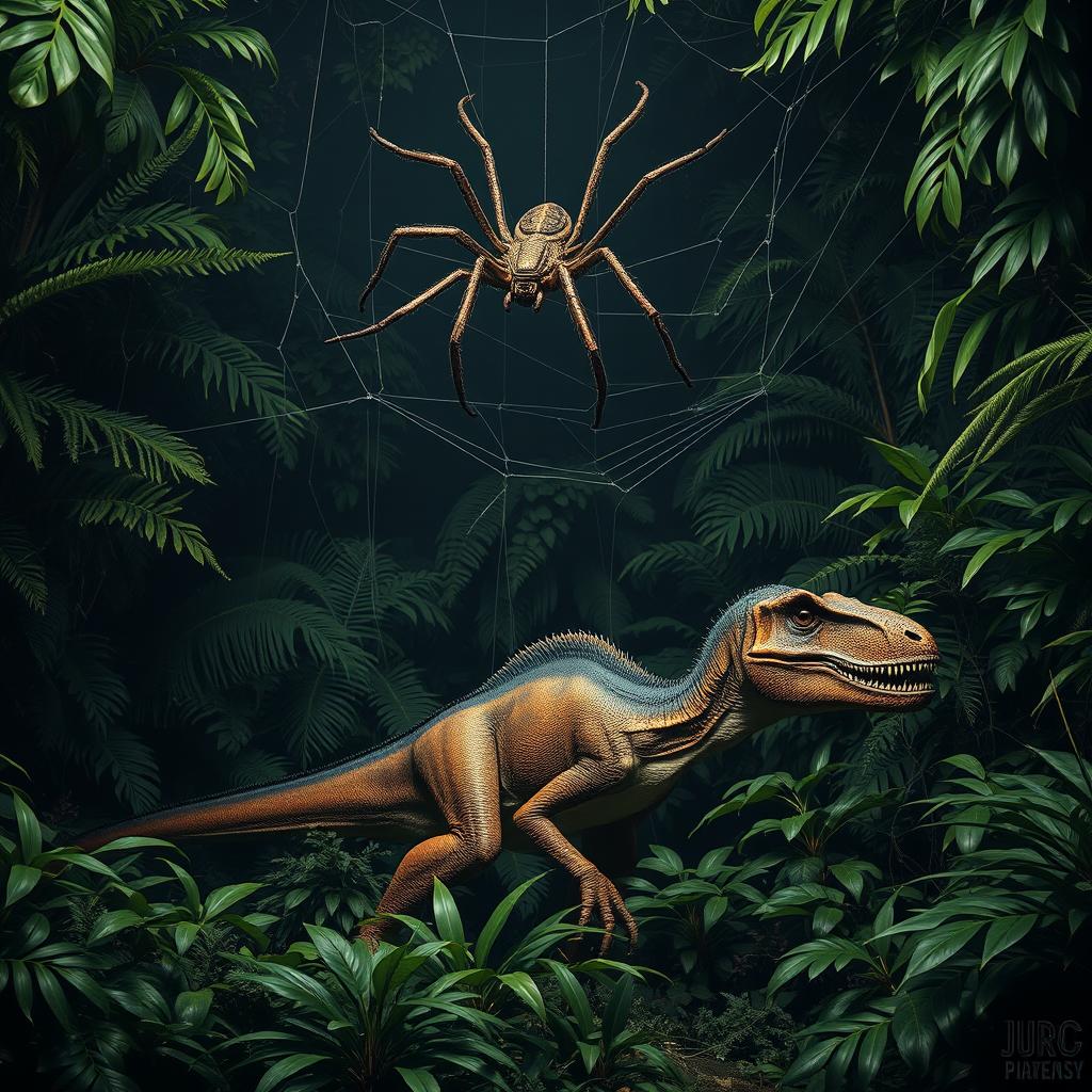 A large velociraptor crouched in a dense, lush jungle environment, featuring vibrant green foliage and scattered tropical plants