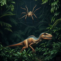 A large velociraptor crouched in a dense, lush jungle environment, featuring vibrant green foliage and scattered tropical plants