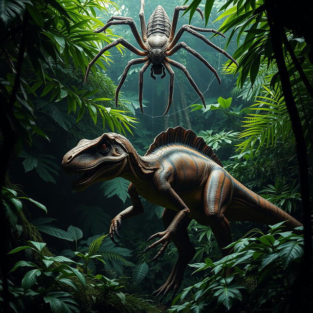 A large velociraptor crouched in a dense, lush jungle environment, featuring vibrant green foliage and scattered tropical plants