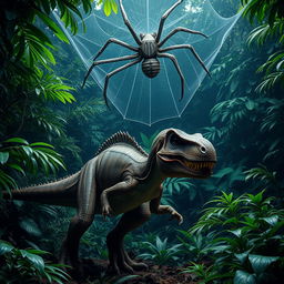 A large velociraptor crouched in a dense, lush jungle environment, featuring vibrant green foliage and scattered tropical plants