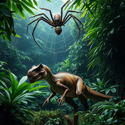 A large velociraptor crouched in a dense, lush jungle environment, featuring vibrant green foliage and scattered tropical plants