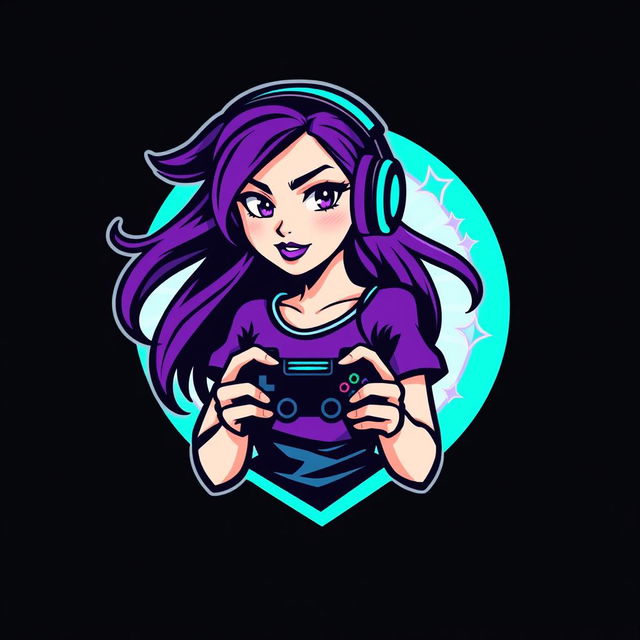 A stylized logo featuring a gaming girl, showcasing her in an action pose with gaming gear such as headphones, a controller, and LED accents