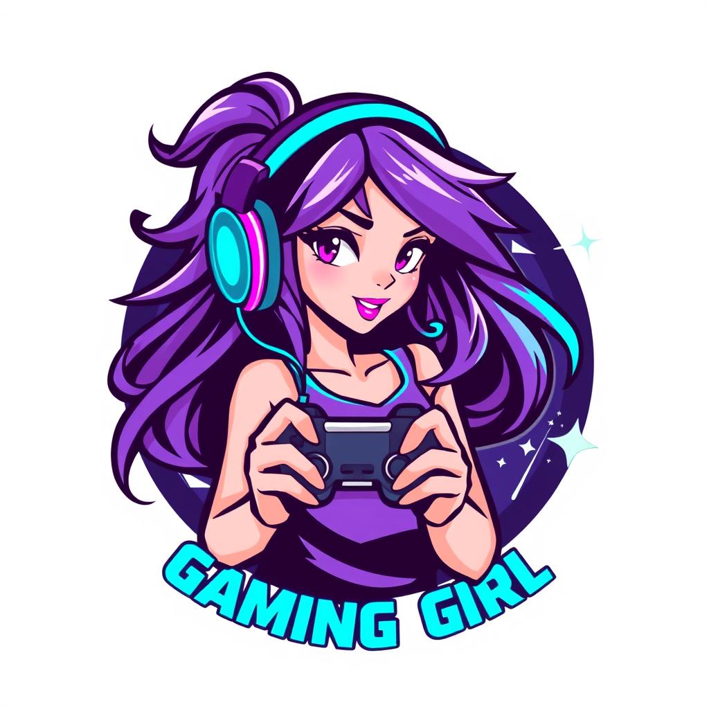 A stylized logo featuring a gaming girl, showcasing her in an action pose with gaming gear such as headphones, a controller, and LED accents