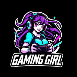 A stylized logo featuring a gaming girl, showcasing her in an action pose with gaming gear such as headphones, a controller, and LED accents