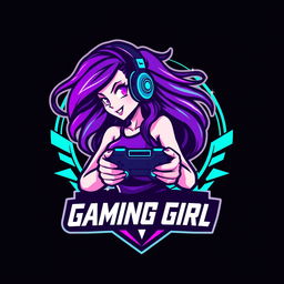 A stylized logo featuring a gaming girl, showcasing her in an action pose with gaming gear such as headphones, a controller, and LED accents