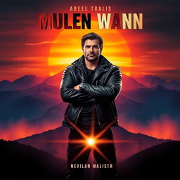 A film poster design, featuring a dramatic landscape backdrop of a vibrant sunset over a mysterious mountain range