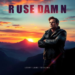 A film poster design, featuring a dramatic landscape backdrop of a vibrant sunset over a mysterious mountain range