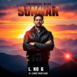 A film poster design, featuring a dramatic landscape backdrop of a vibrant sunset over a mysterious mountain range