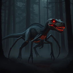 A hybrid velociraptor with eight long, arachnid spider legs, prowling stealthily through a dark, shadowy forest