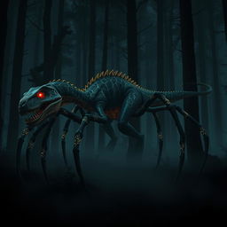 A hybrid velociraptor with eight long, arachnid spider legs, prowling stealthily through a dark, shadowy forest