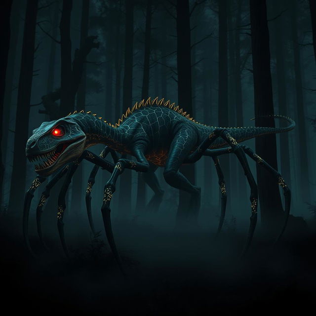 A hybrid velociraptor with eight long, arachnid spider legs, prowling stealthily through a dark, shadowy forest