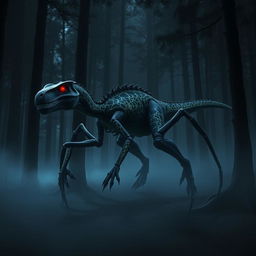 A hybrid velociraptor with eight long, arachnid spider legs, prowling stealthily through a dark, shadowy forest