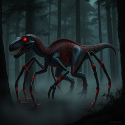 A hybrid velociraptor with eight long, arachnid spider legs, prowling stealthily through a dark, shadowy forest