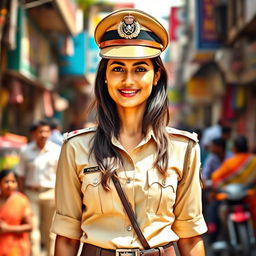 A confident woman standing in a vibrant urban setting, wearing a traditional Indian police uniform complete with a stylish cap