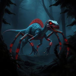 A hybrid velociraptor with eight long spider-like legs, prowling menacingly through a dark, enchanted forest