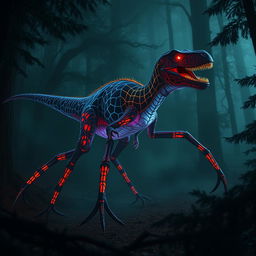 A hybrid velociraptor with eight long spider-like legs, prowling menacingly through a dark, enchanted forest