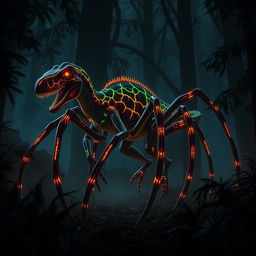 A hybrid velociraptor with eight long spider-like legs, prowling menacingly through a dark, enchanted forest