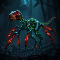 A hybrid velociraptor with eight long spider-like legs, prowling menacingly through a dark, enchanted forest