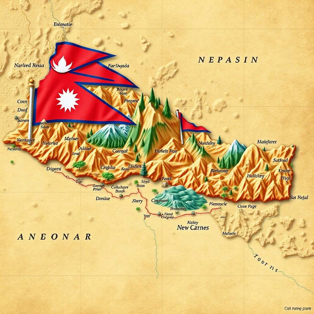 A detailed map of Nepal featuring various geographical landmarks, highlighting major cities and rivers